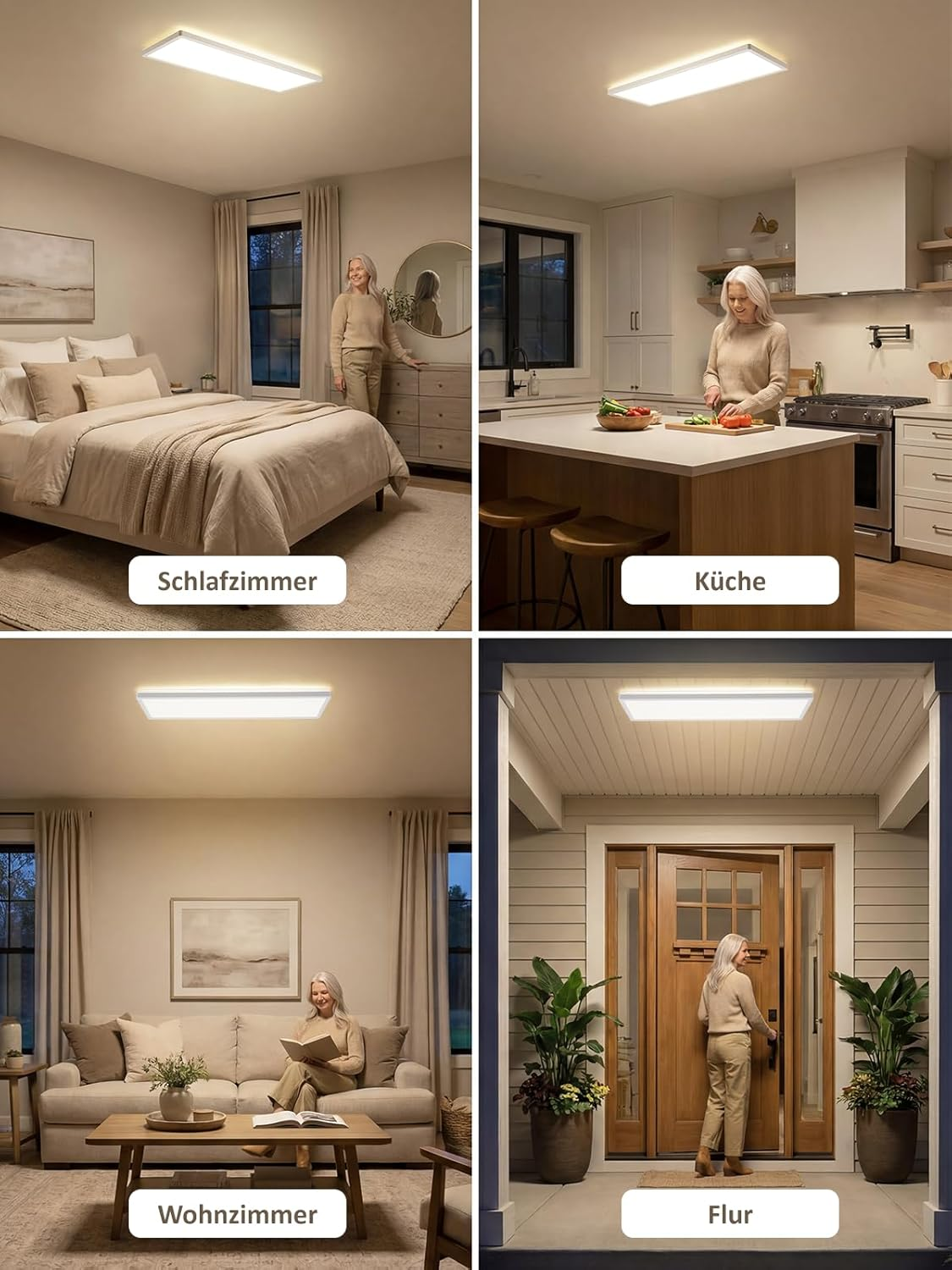 Vier Bilder zeigen eine Frau mit rechteckiger LED-Deckenleuchte in Schlafzimmer, Küche, Wohnzimmer und Flur.