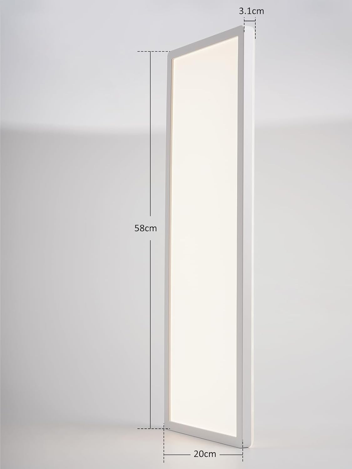 Rechteckige weiße LED-Deckenleuchte mit Maßangaben.