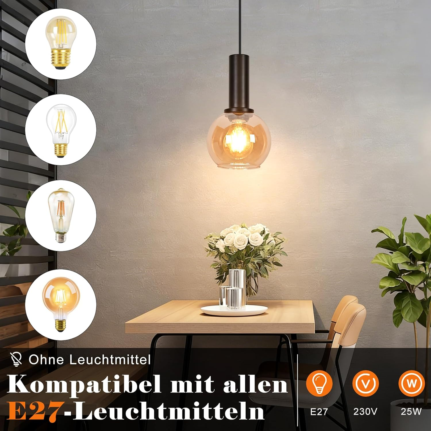 Pendelleuchte über einem Holztisch mit Blumen, umgeben von E27-Leuchtmitteloptionen.