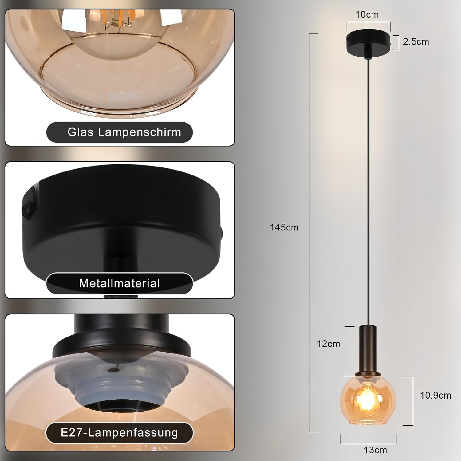 Technische Zeichnung und Details einer modernen Hängeleuchte mit Glas-Lampenschirm, Metallhalterung und E27-Fassung.
