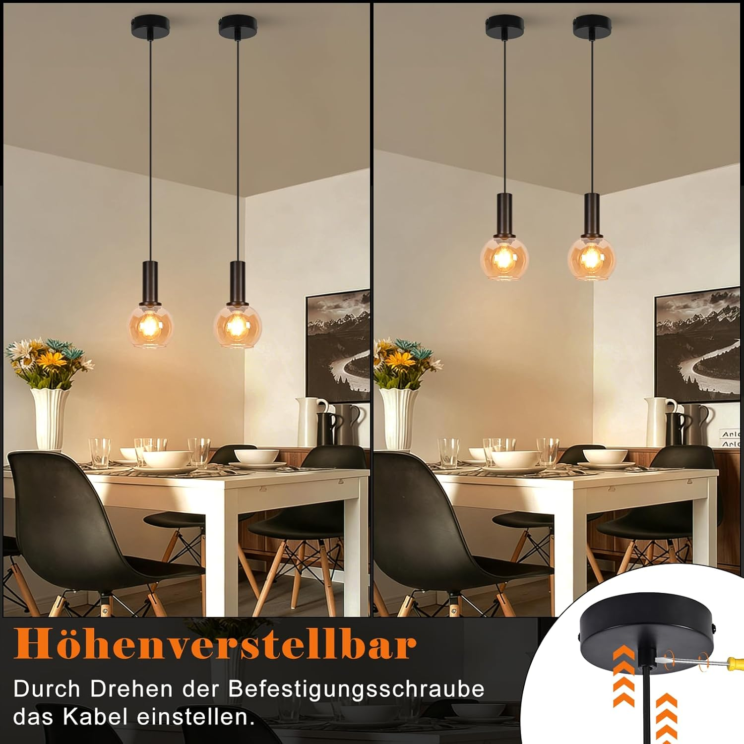 Zwei höhenverstellbare Pendelleuchten über einem gedeckten Tisch.