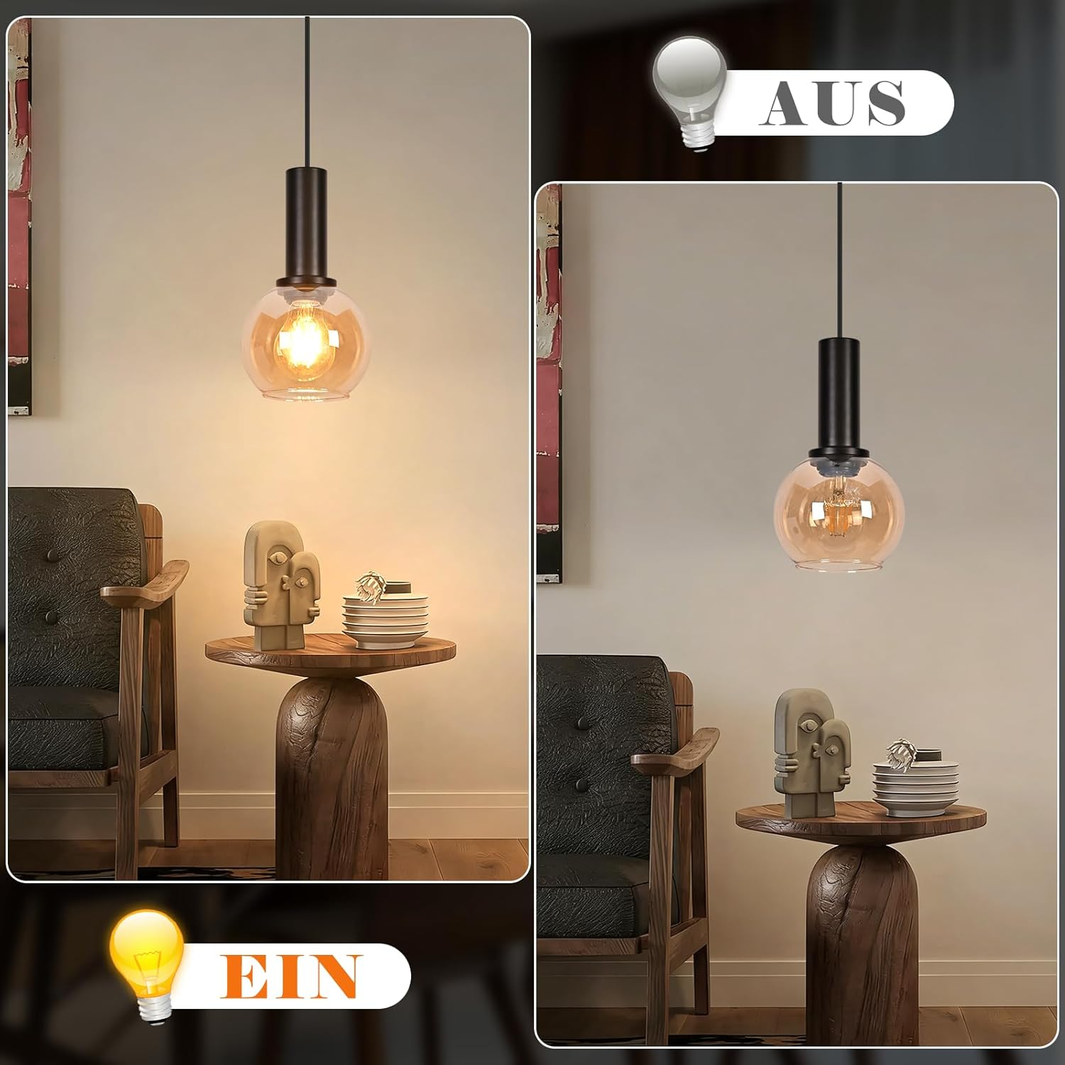 Vergleich zweier Bilder einer hängenden Lampe, links eingeschaltet und rechts ausgeschaltet.