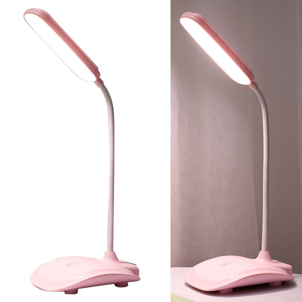Eine pinke Schreibtischlampe mit flexiblem Hals und leuchtendem LED-Kopf.