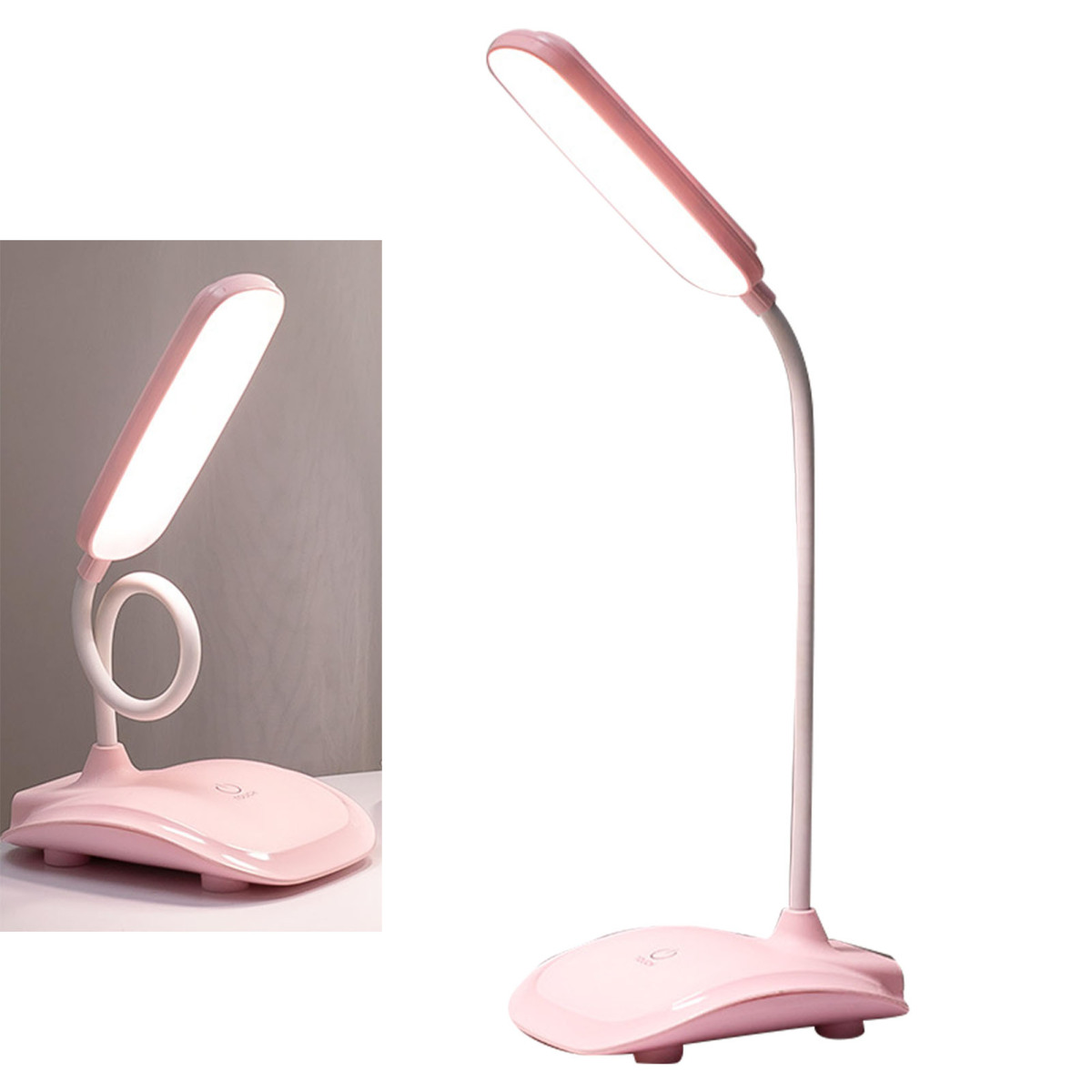 Eine pinke LED-Schreibtischlampe mit flexiblem Hals und leuchtendem Kopf auf einem weißen Tisch.
