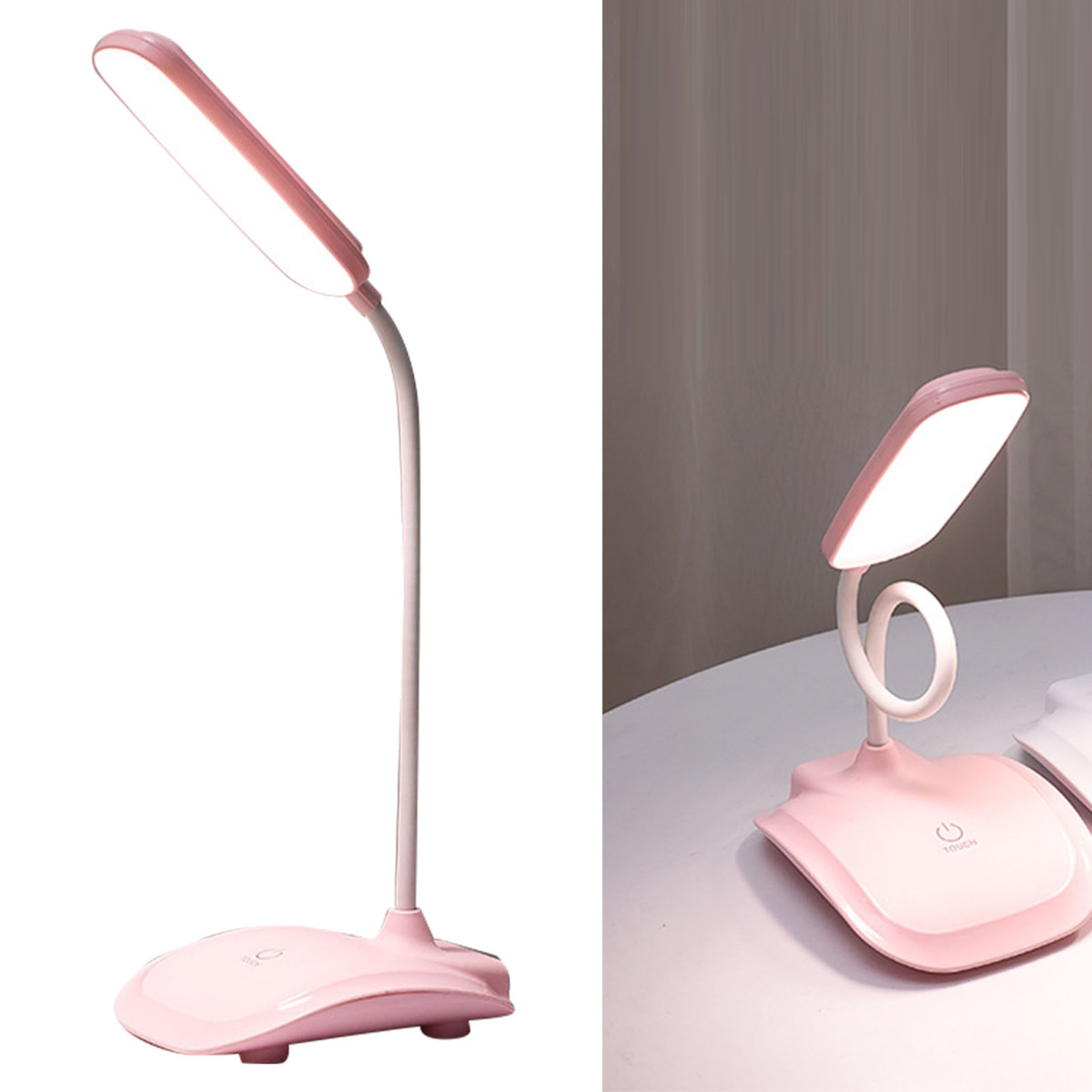 Eine pinke Schreibtischlampe mit flexiblem Hals und leuchtendem, flachem Kopf auf hellem Hintergrund.