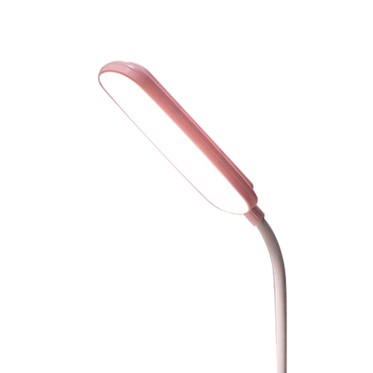 Eine rosa Schreibtischlampe mit beleuchtetem Kopf auf weißem Hintergrund.
