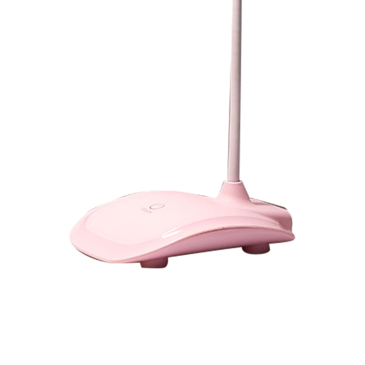 Ein rosa Lampenfuß mit Touch-Ein-Aus-Schalter und dünnem vertikalen Stiel auf weißem Hintergrund.