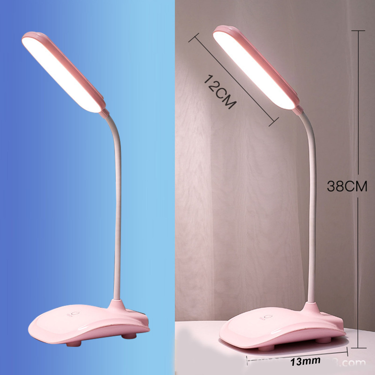 Eine rosa LED-Schreibtischlampe mit flexiblem Hals und Maßangaben.