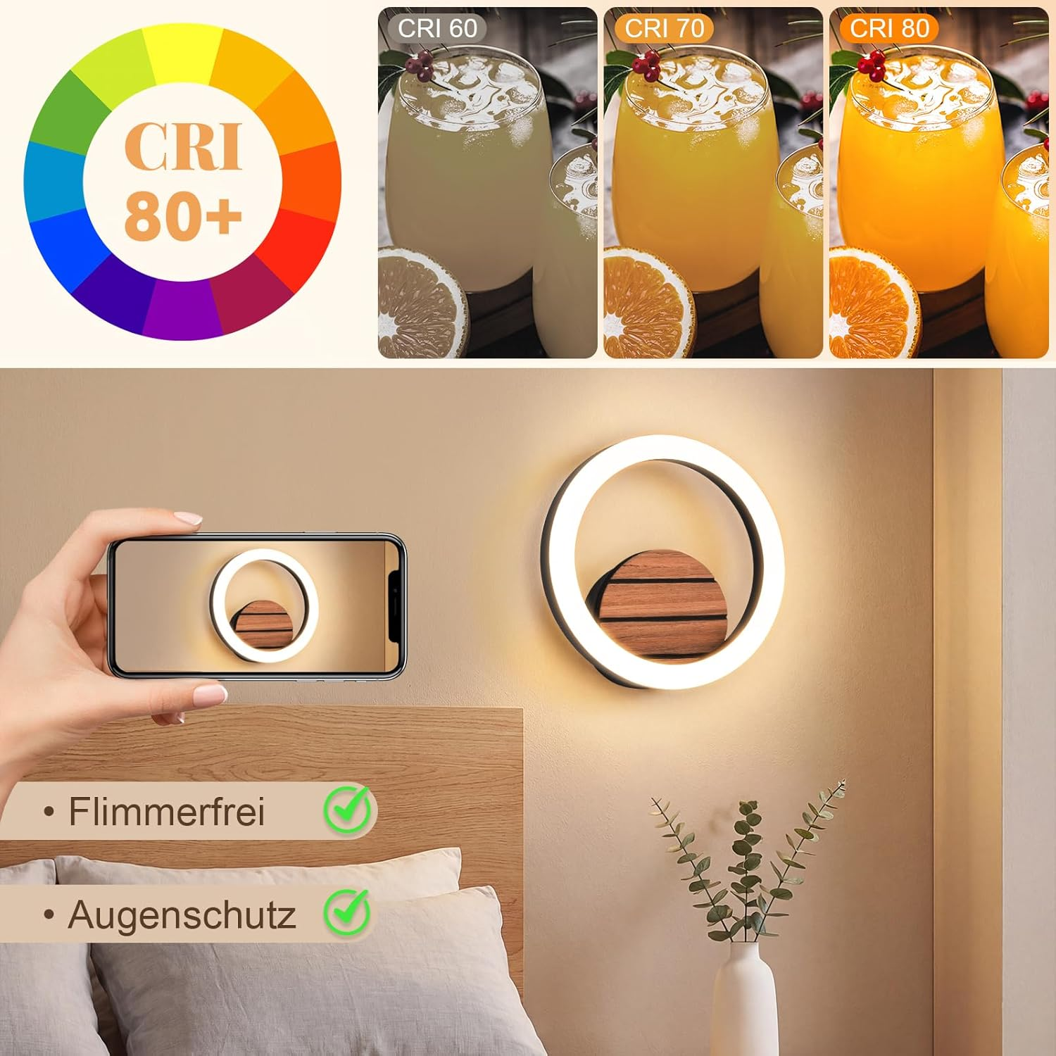 Wandlampe mit Telefon zur Demonstration, Farbwiedergabe (CRI) und Bettgestell im Hintergrund.