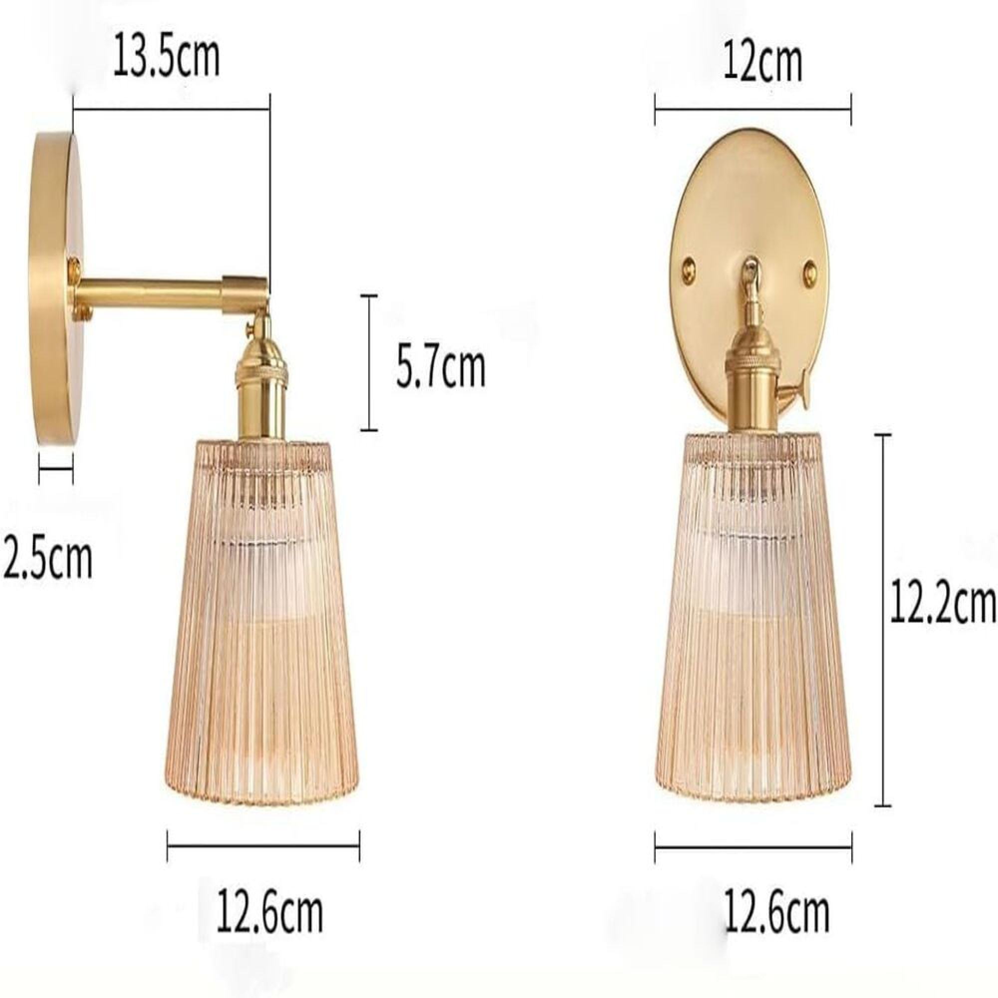 Technische Zeichnung einer goldenen Wandleuchte mit Maßen in cm, Seiten- und Vorderansicht.