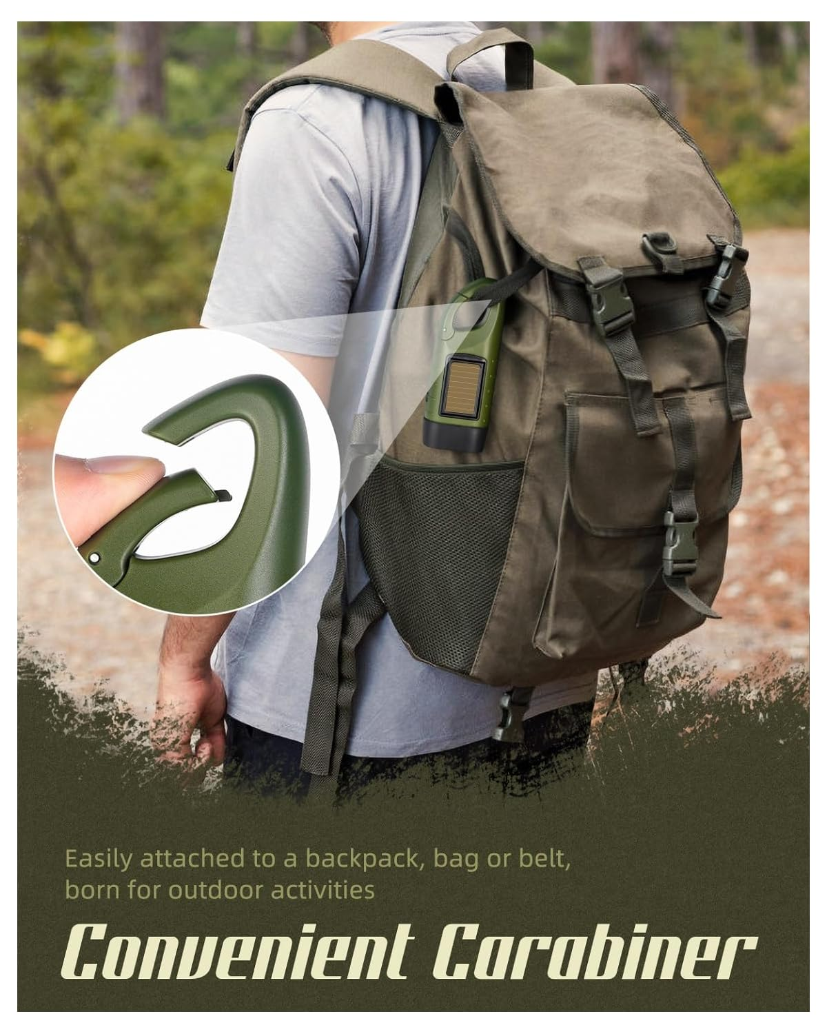 Ein grüner Rucksack mit einem praktischen Karabinerhaken für Outdoor-Aktivitäten in der Natur.