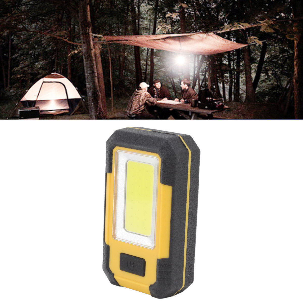 Gelb-schwarze LED-Arbeitsleuchte mit einem rechteckigen weißen Leuchtfeld und einem Ein- Ausschalter unten.