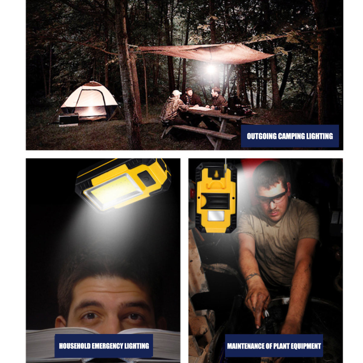 Drei Anwendungsbereiche von LED-Leuchten: Camping in der Nacht, Lesen im Notfall und Maschinenwartung.