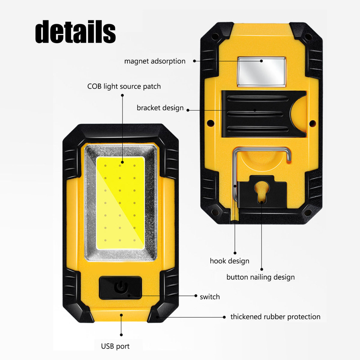 Diagramm zeigt Details einer gelb-schwarzen COB-Arbeitsleuchte mit Magnet, Haken und USB-Anschluss.