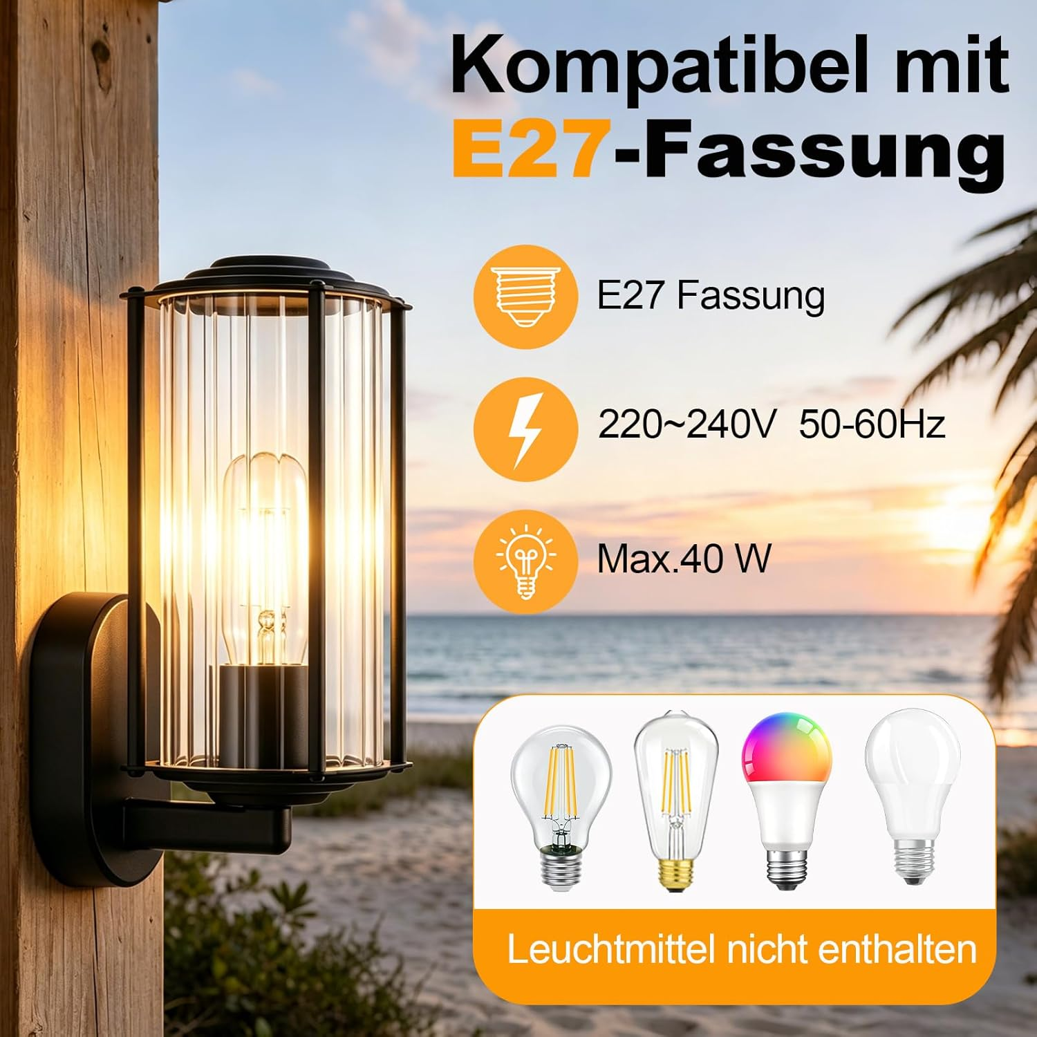 Schwarze Wandlampe mit geriffeltem Glas an Holzpfosten, Hintergrund zeigt Strand bei Sonnenuntergang und technische Daten.