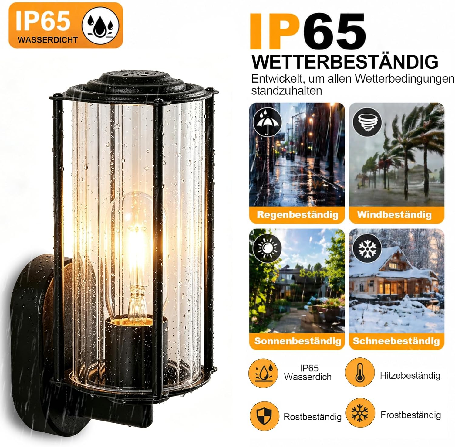 IP65 wetterfeste Wandleuchte aus Glas und Metall, geeignet für Regen, Wind, Sonne und Schnee.