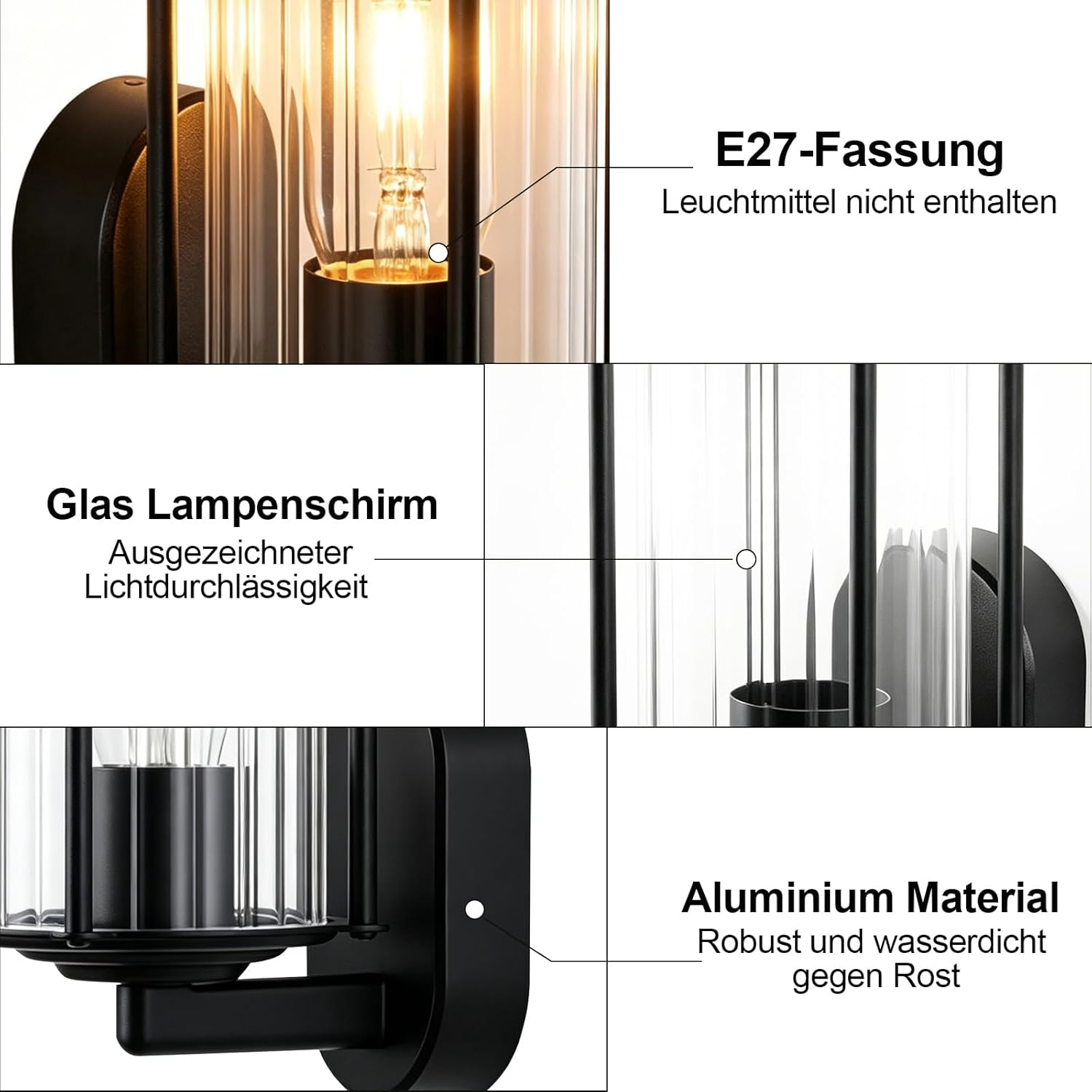 Produktmerkmale der Wandleuchte: E27-Fassung, Glas-Lampenschirm und robustes Aluminiummaterial.