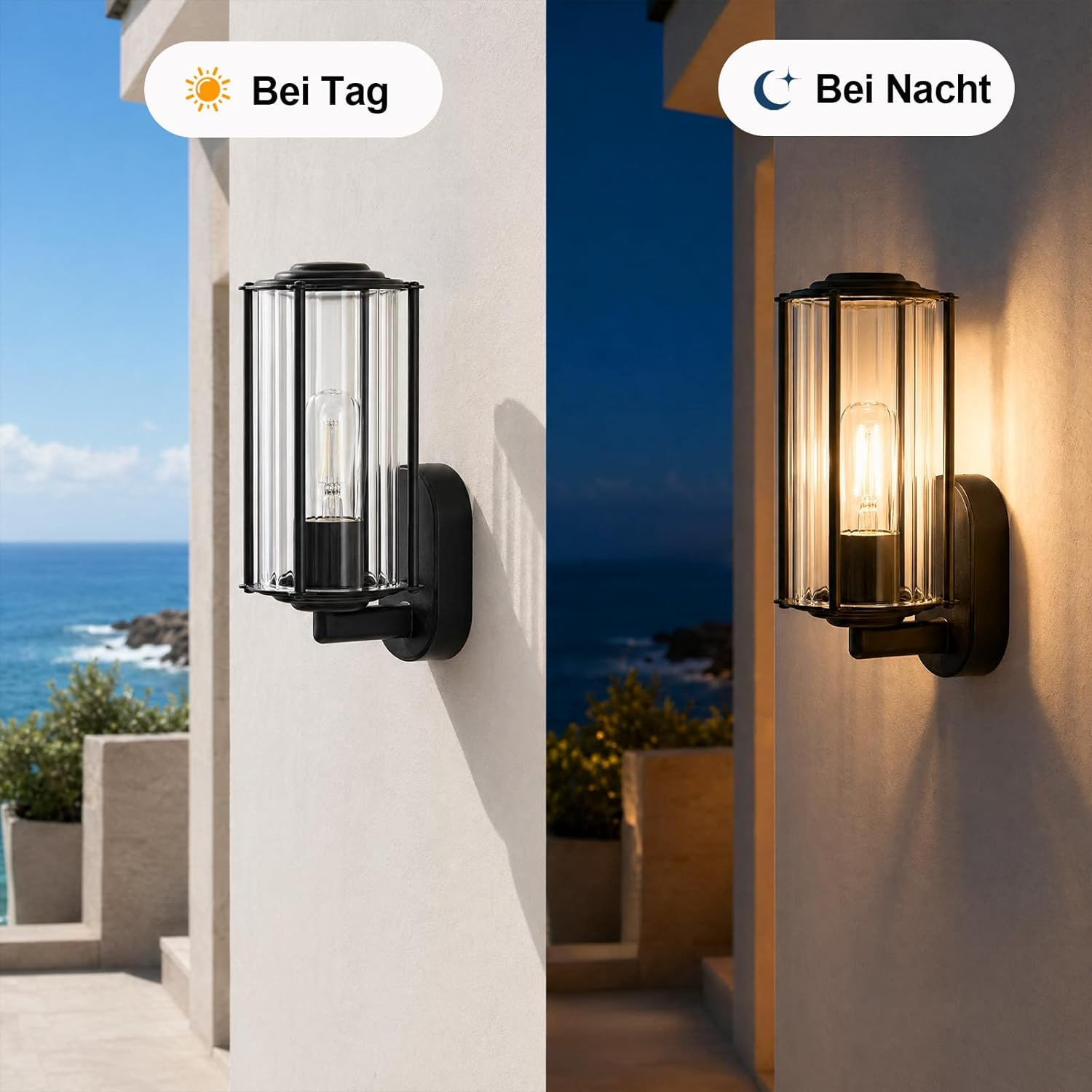 Eine schwarze Wandleuchte mit Glasscheiben bei Tag und Nacht vor einer Meereskulisse.