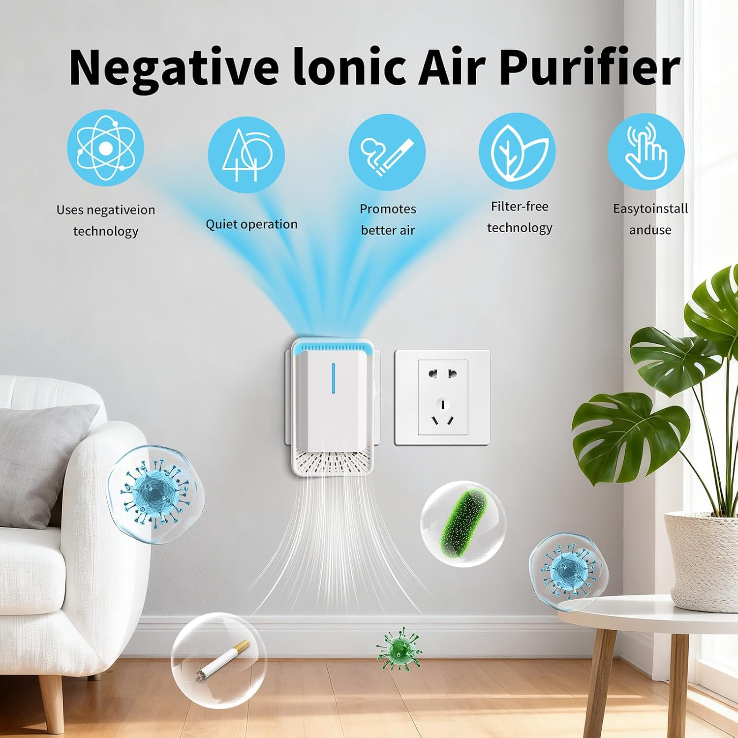 Negativer Ionen-Luftreiniger plugged in an der Wand, umgeben von Icons, Bakterien und einer Pflanze.