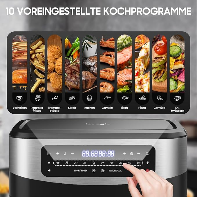 Eine Heißluftfritteuse mit Touch-Display und zehn voreingestellten Kochprogrammen für verschiedene Lebensmittel.