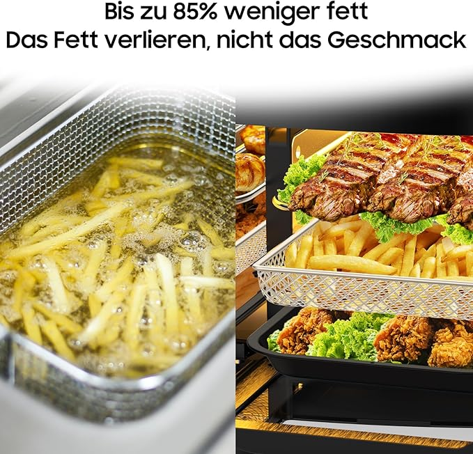 Vergleich von öligen Pommes in der Fritteuse versus gesundem Grillsteak mit Pommes und deutschem Text.