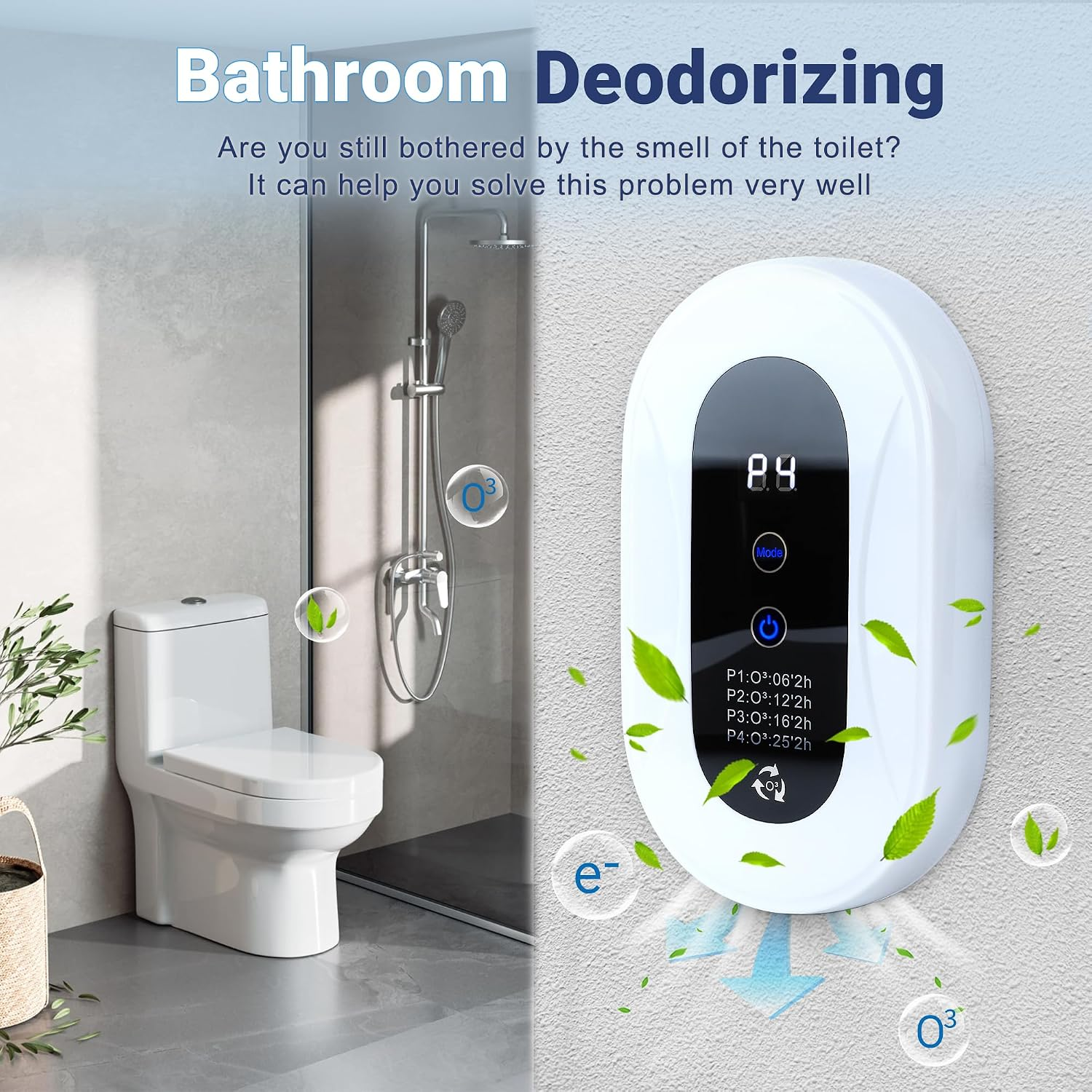 Weißer Badezimmer-Deodorierer an der Wand, mit Toilette und Dusche im Hintergrund.