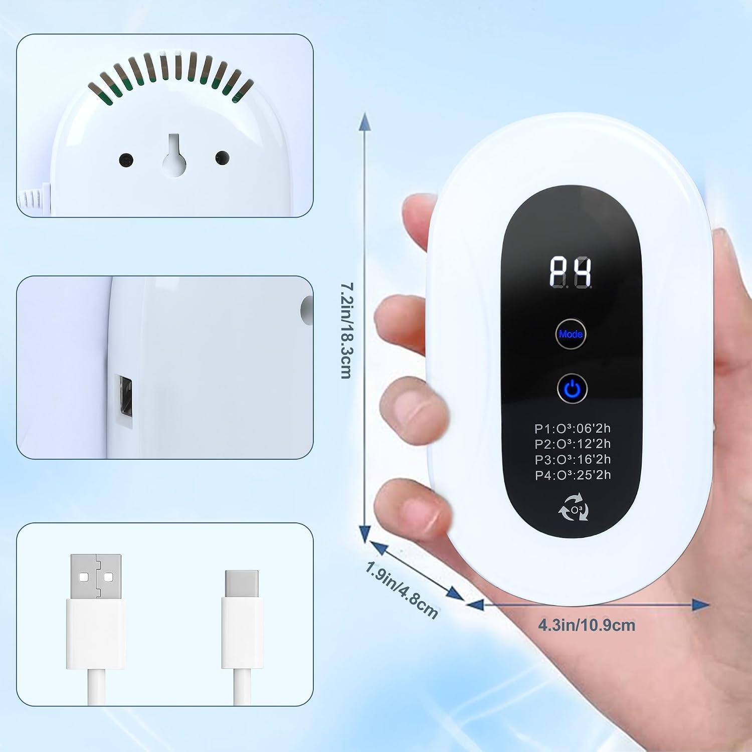 Hand hält ein weißes Ozon-Gerät mit digitalem Display, Maße und USB-Kabel werden angezeigt.