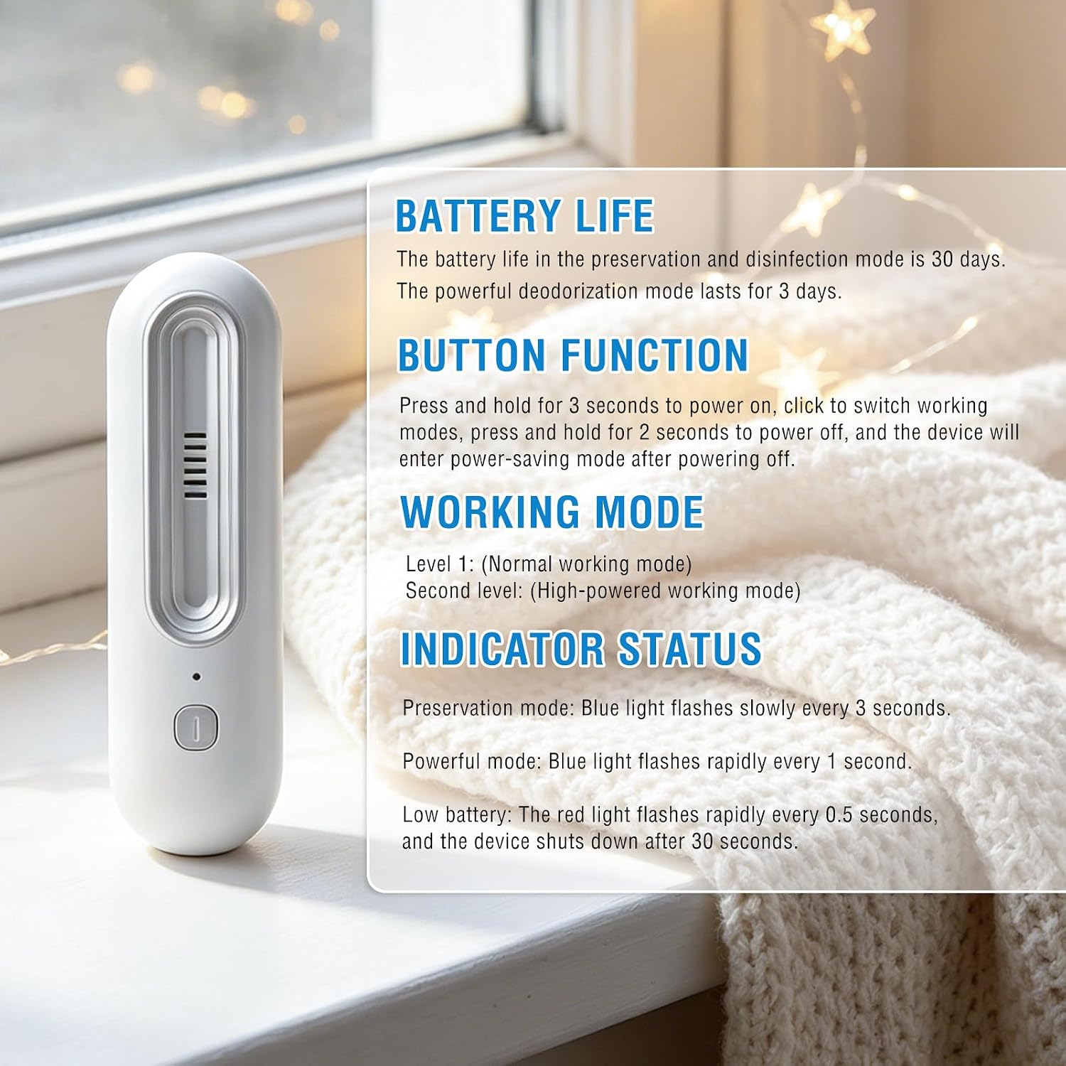 Ein weißes Gadget auf einer Fensterbank neben einer Decke mit Anleitung zu Akku und Modi.