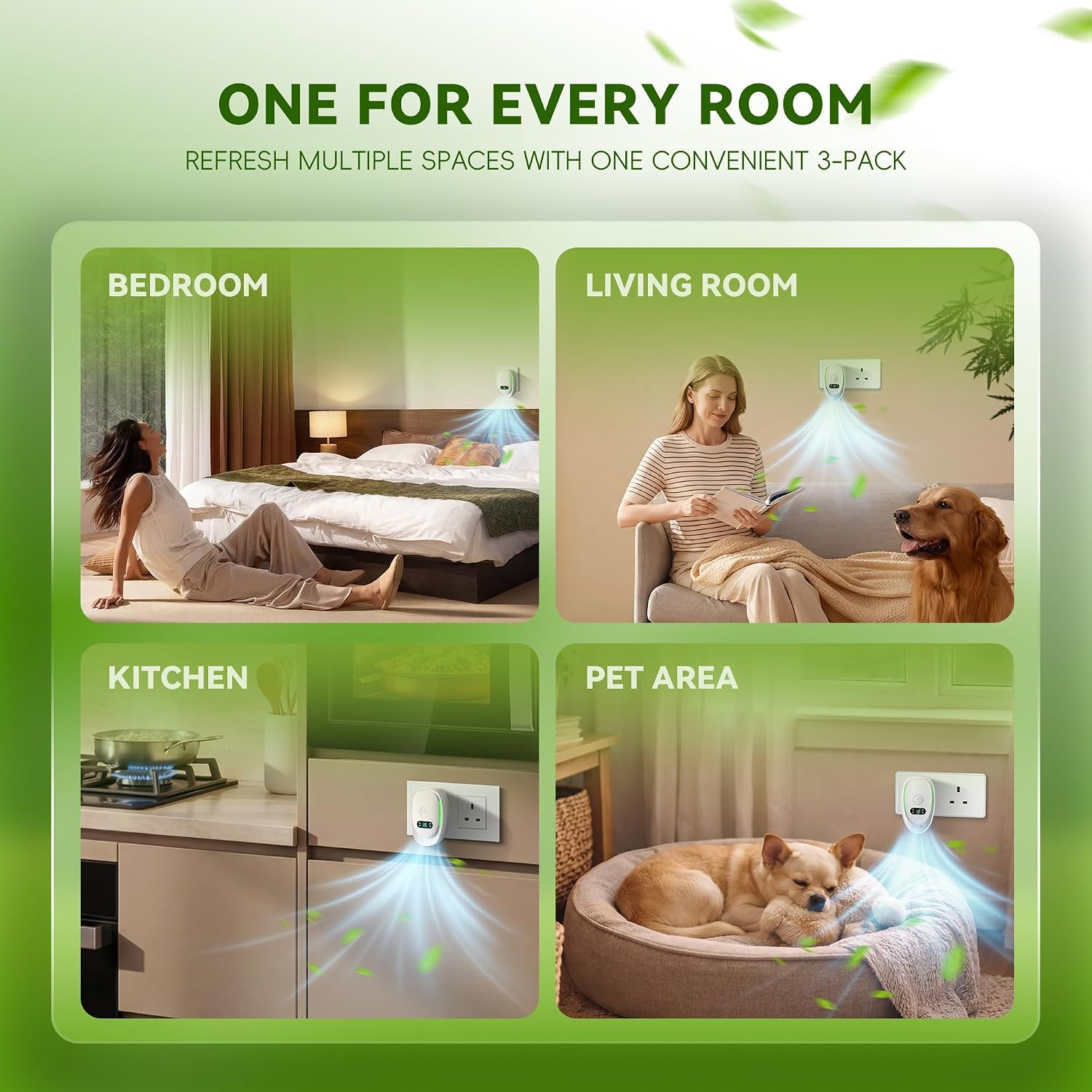 Ein Produktbild mit vier Szenen zeigt Raumlufterfrischer im Schlafzimmer, Wohnzimmer, der Küche und dem Tierbereich.