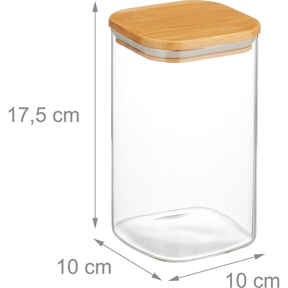 Ein transparenter Vorratsbehälter aus Glas mit einem Bambusdeckel und Abmessungen von 17,5 x 10 x 10 cm.