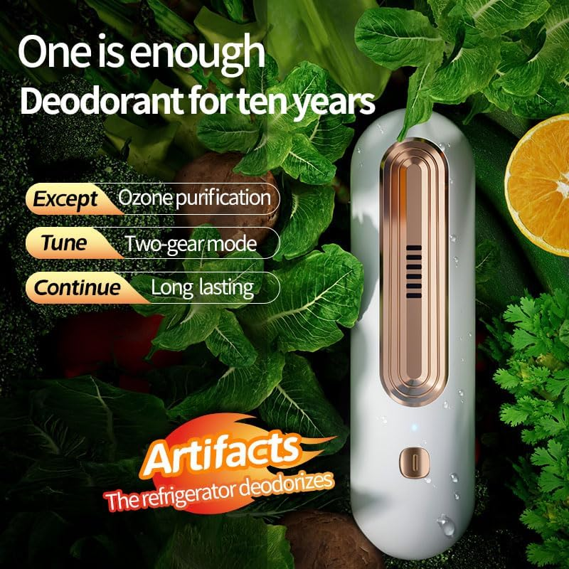 Ein weiß-goldenes Deodorant-Gerät für den Kühlschrank auf grünem Gemüse mit Text.
