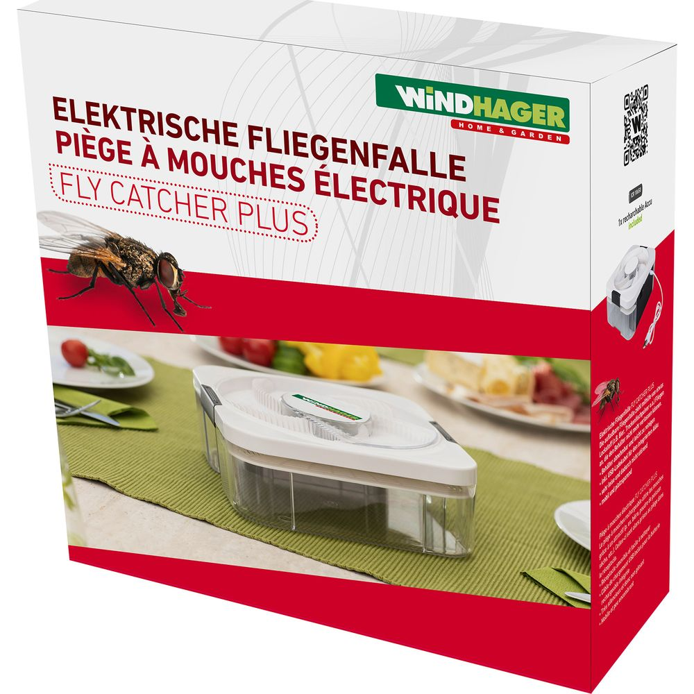 Produktverpackung der Windhager Elektrischen Fliegenfalle Plus auf einem Tisch.