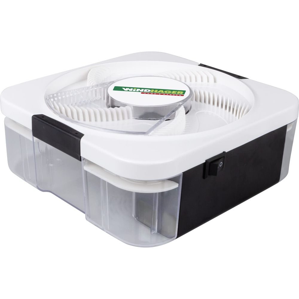 Ein weiß-schwarzes elektrisches Insektenfanggerät mit transparentem Auffangbehälter und Windhager-Logo auf Oberseite.
