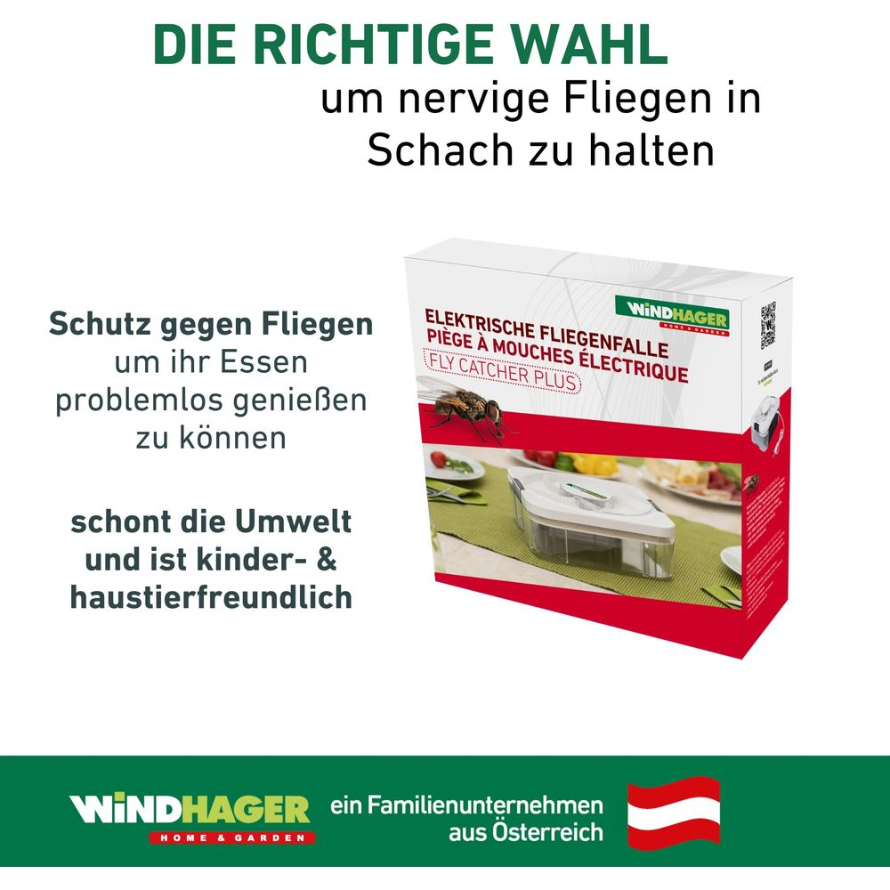 Produktverpackung einer Windhager elektrischen Fliegenfalle mit Werbetexten und einem Bild des Geräts auf einem Tisch.
