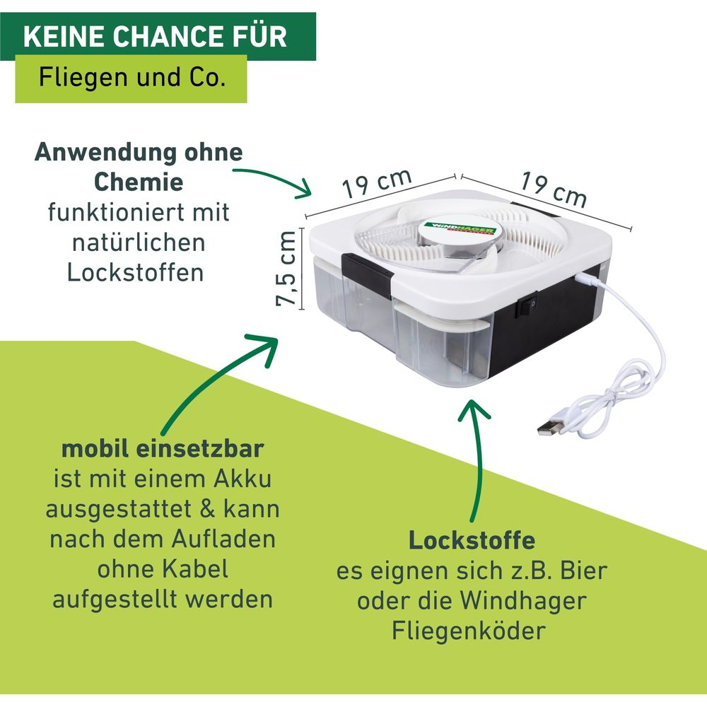 Weiß-schwarze Fliegenfalle mit Maßen, USB-Kabel und deutschen Textfeldern auf grün-weißem Hintergrund.