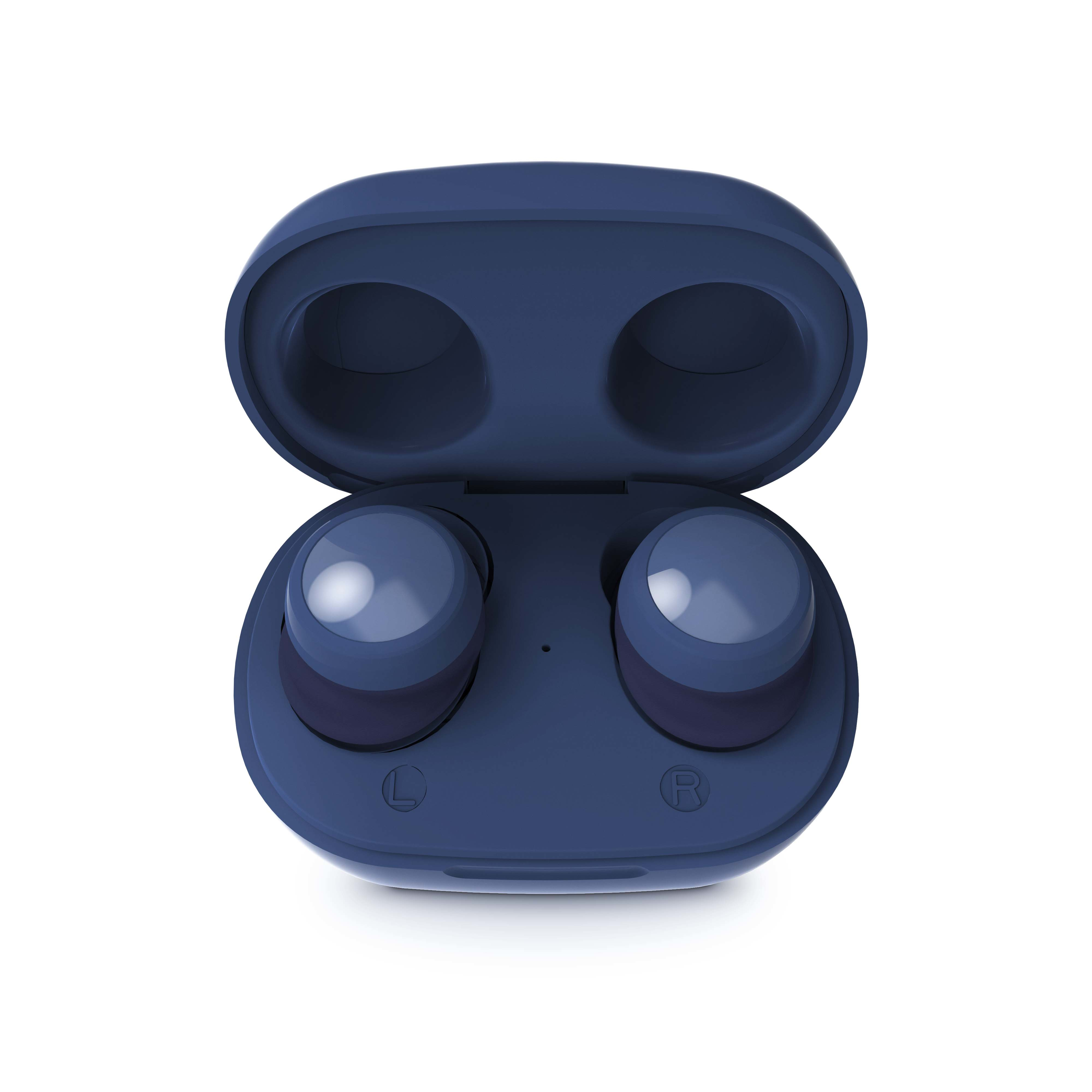 Auriculares inalámbricos azul oscuro en un estuche de carga abierto sobre fondo blanco.