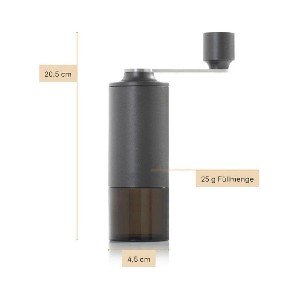 Schwarze manuelle Kaffeemühle mit Maßangaben von 20,5 cm Höhe, 4,5 cm Breite und 25 g Füllmenge.