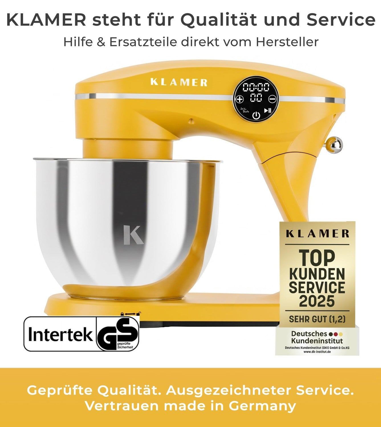 Gelbe KLAMER Küchenmaschine mit Edelstahlschüssel, digitalem Display und Kundenservice-Auszeichnung.