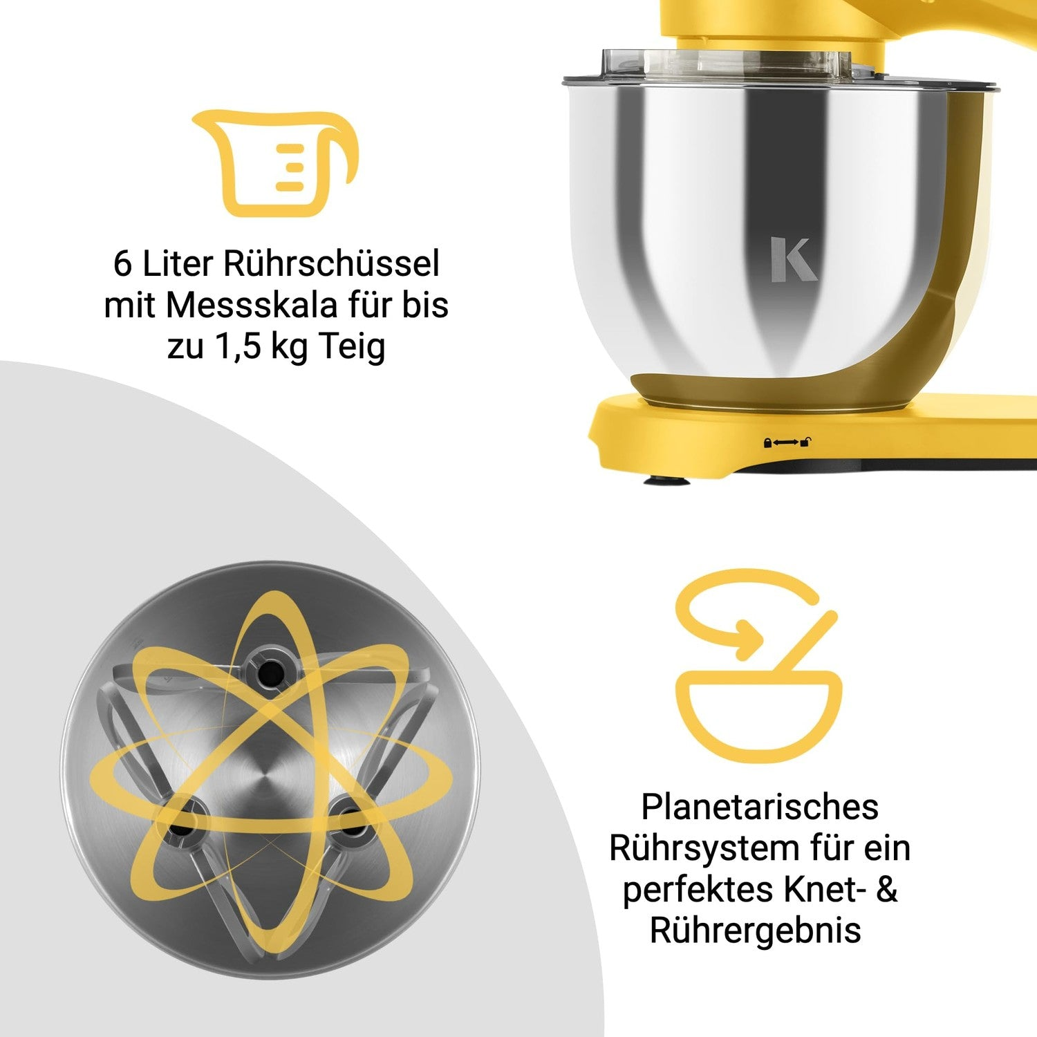 Gelbe Küchenmaschine mit 6L Edelstahlschüssel und planheitlichem Rührsystem.