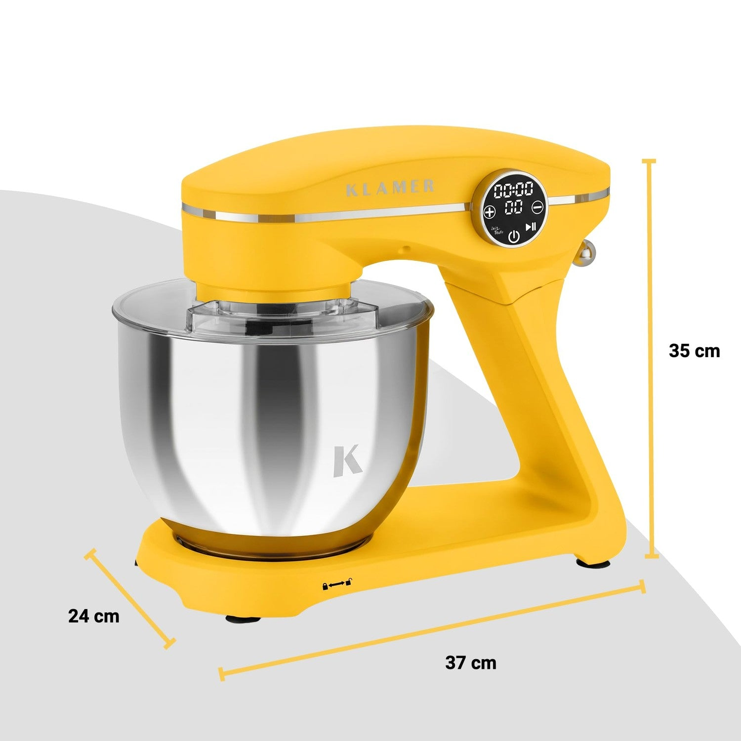 Eine gelbe Küchenmaschine mit Edelstahlschüssel und digitalem Display, Maße 37x24x35 cm.
