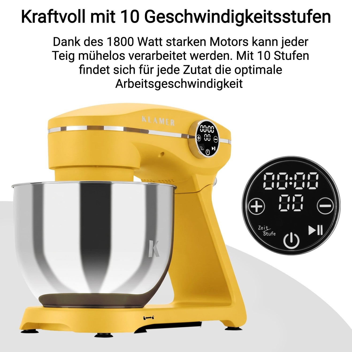 Gelbe Küchenmaschine mit Edelstahlschüssel und digitalem Display, dazu deutscher Werbetext.