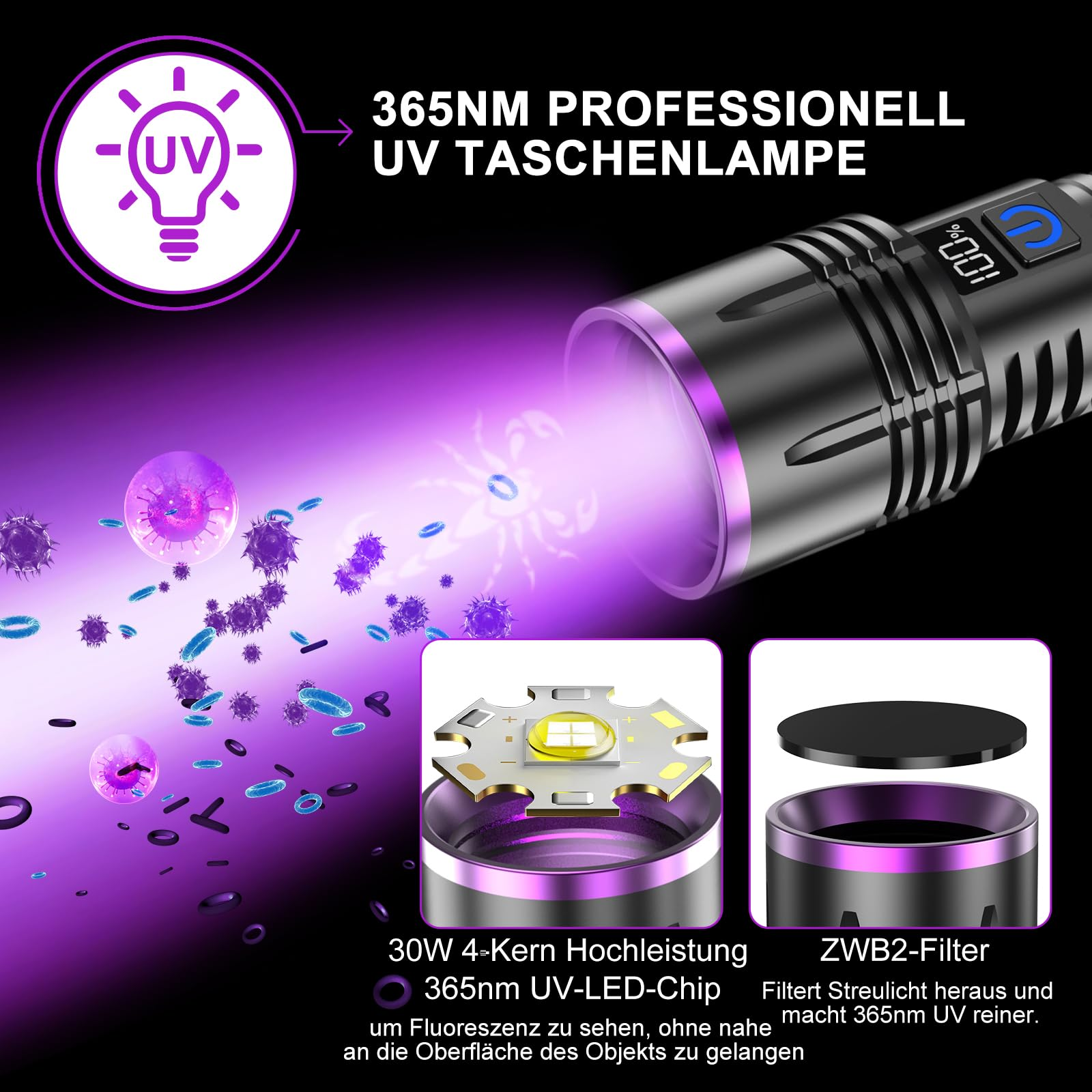 Eine UV-Taschenlampe strahlt violettes Licht aus, das Keime und Bakterien zeigt, mit Details zu LED-Chip und Filter.