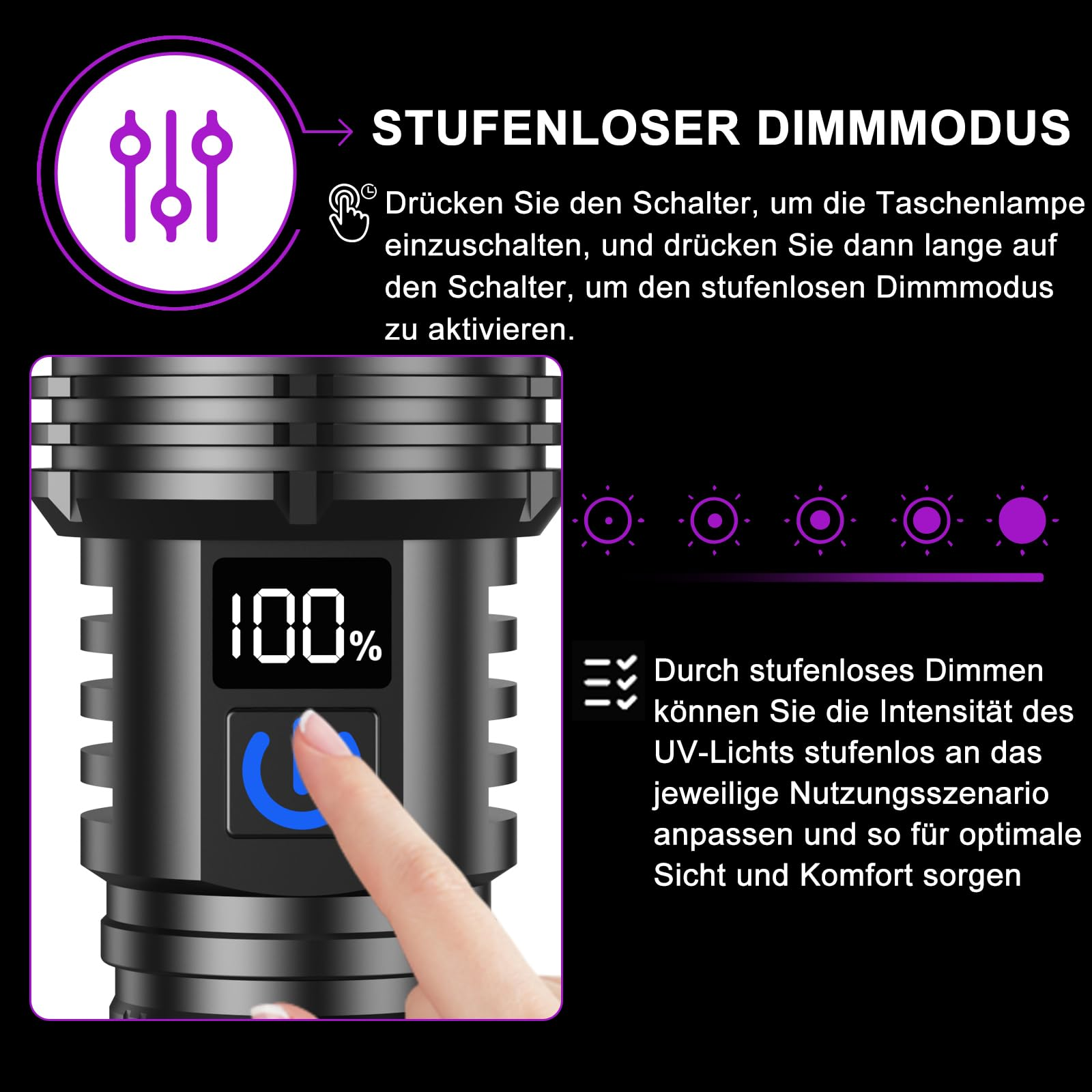 Eine Hand bedient den Power-Knopf einer schwarzen Taschenlampe mit digitaler 100%-Anzeige und Text.