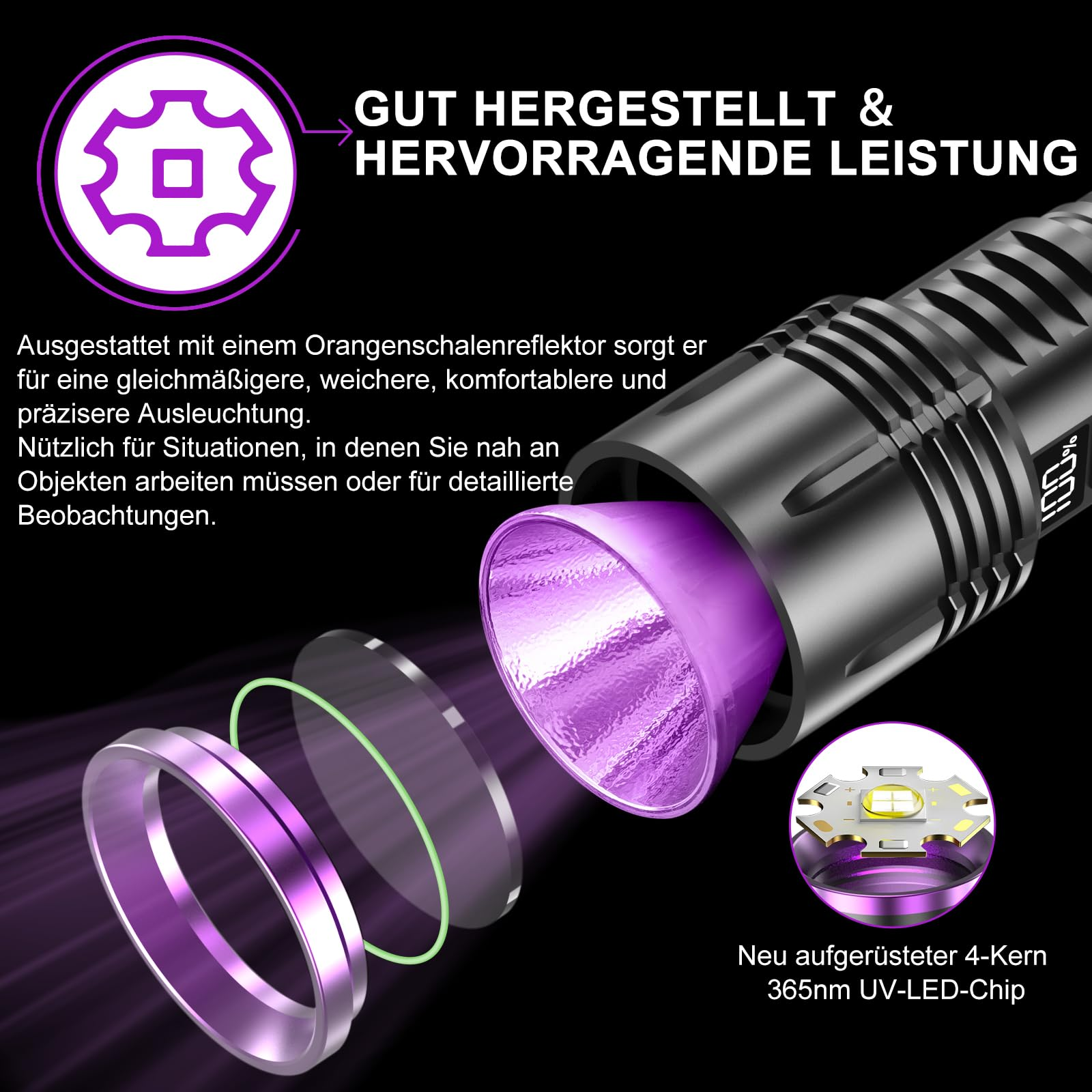 Eine schwarze UV-Taschenlampe mit Orangenschalenreflektor, Linsen und 4-Kern UV-LED-Chip, mit deutschem Text.