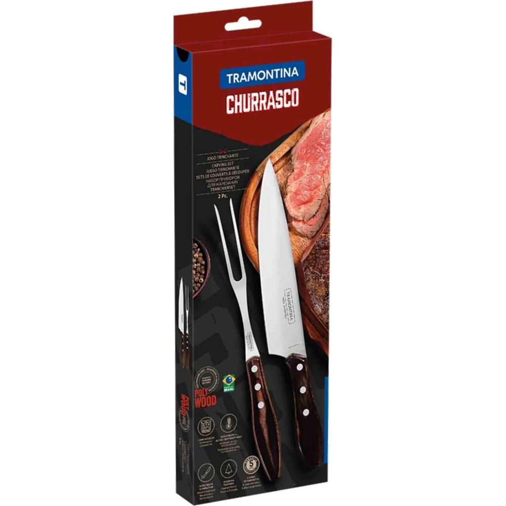 Tramontina Churrasco Tranchierset Box mit Tranchiermesser, Gabel mit Holzgriffen und gebratenem Fleisch.