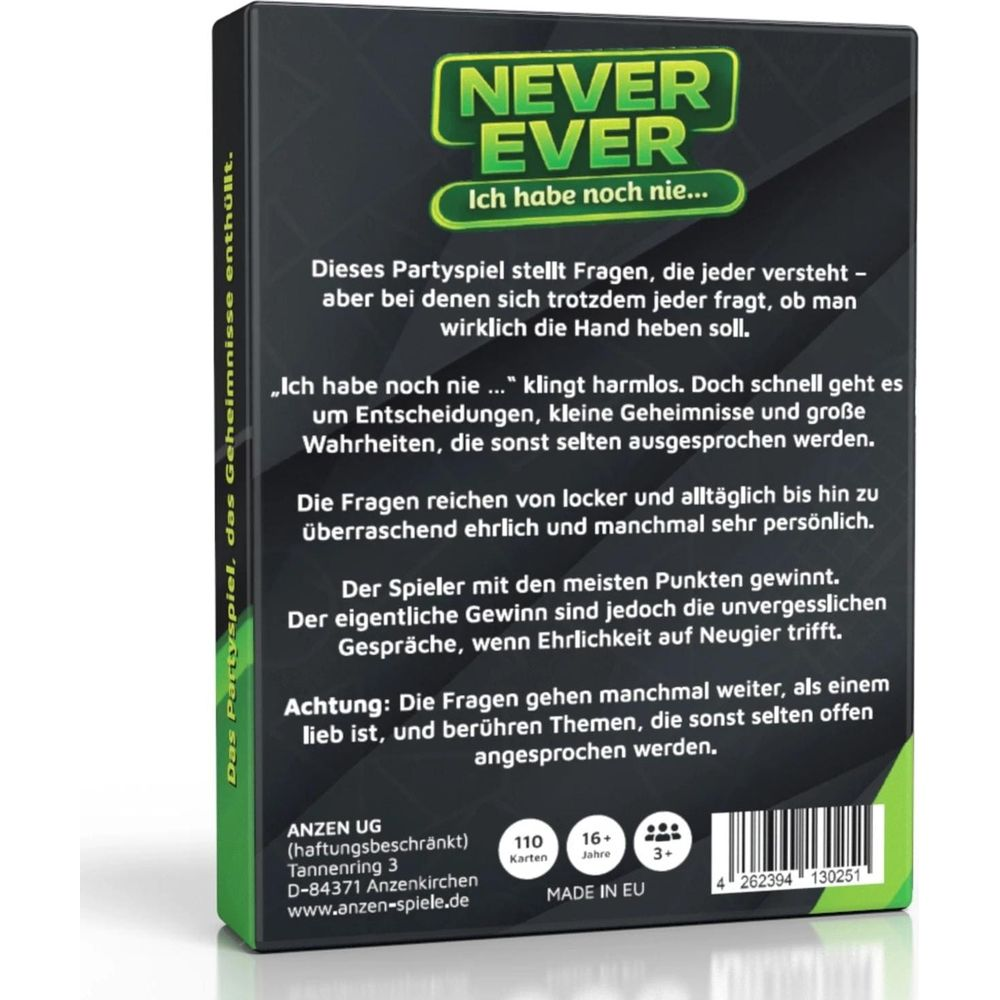 Rückseite der schwarzen Partyspiel-Box 'Never Ever' mit grünem Logo, Beschreibungstexten, EAN-Code und Spieldetails.