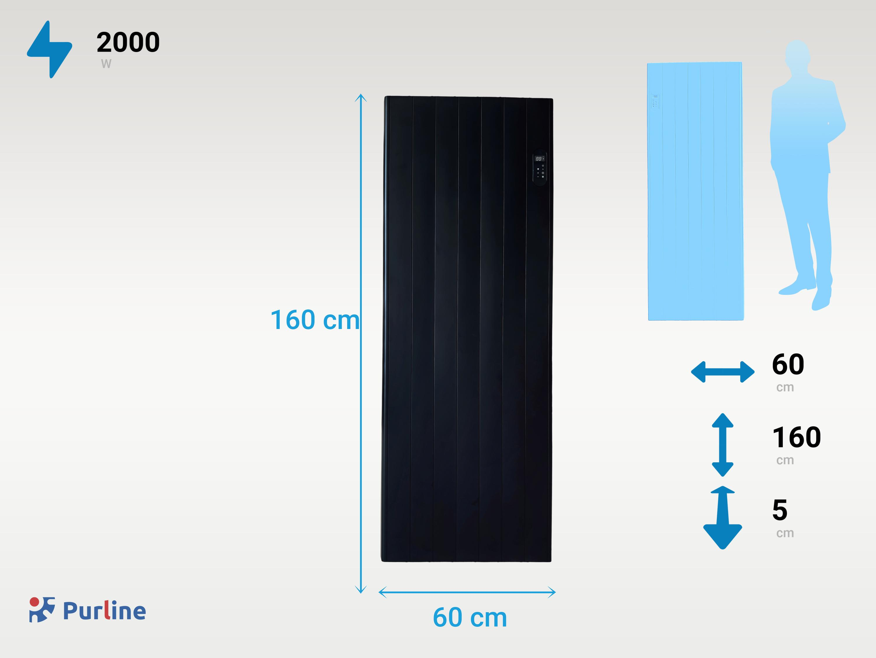 Calefactor negro de 2000W, 160x60x5 cm, mostrado con dimensiones y silueta humana como escala.