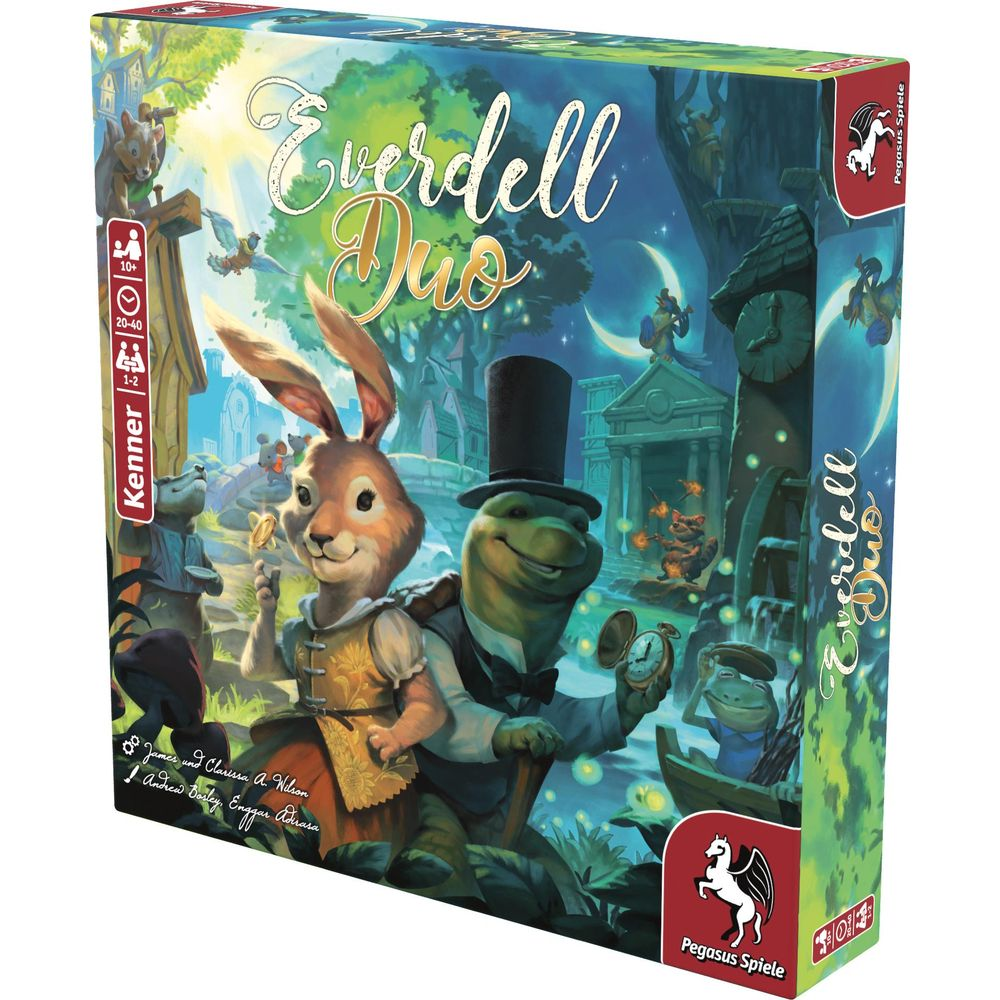 Everdell Duo Brettspielbox mit Kaninchen und Schildkröte in einem fantastischen Wald bei Nacht.
