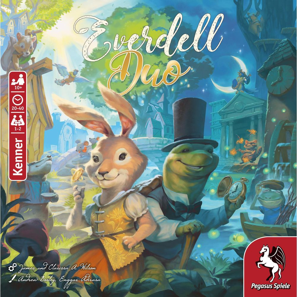Everdell Duo Brettspiel-Cover mit einem Kaninchen und einer Schildkröte vor einer magischen Dorfkulisse.