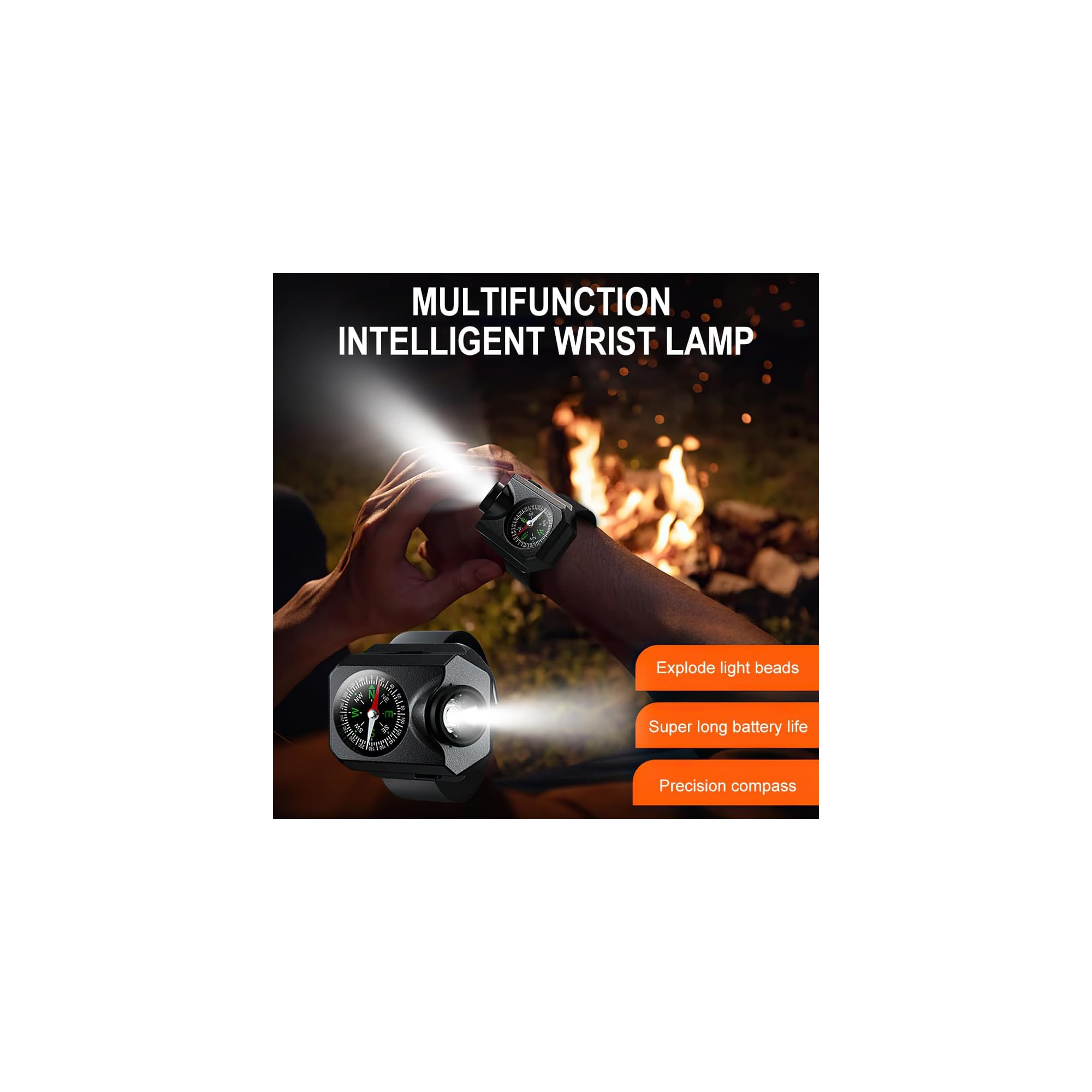 Eine multifunktionale Handgelenklampe mit Kompass leuchtet hell vor einem Lagerfeuer.